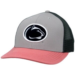 trucker hat gray front with embroidered Penn State Athletic Logo, salmon brim, dark gray mesh back